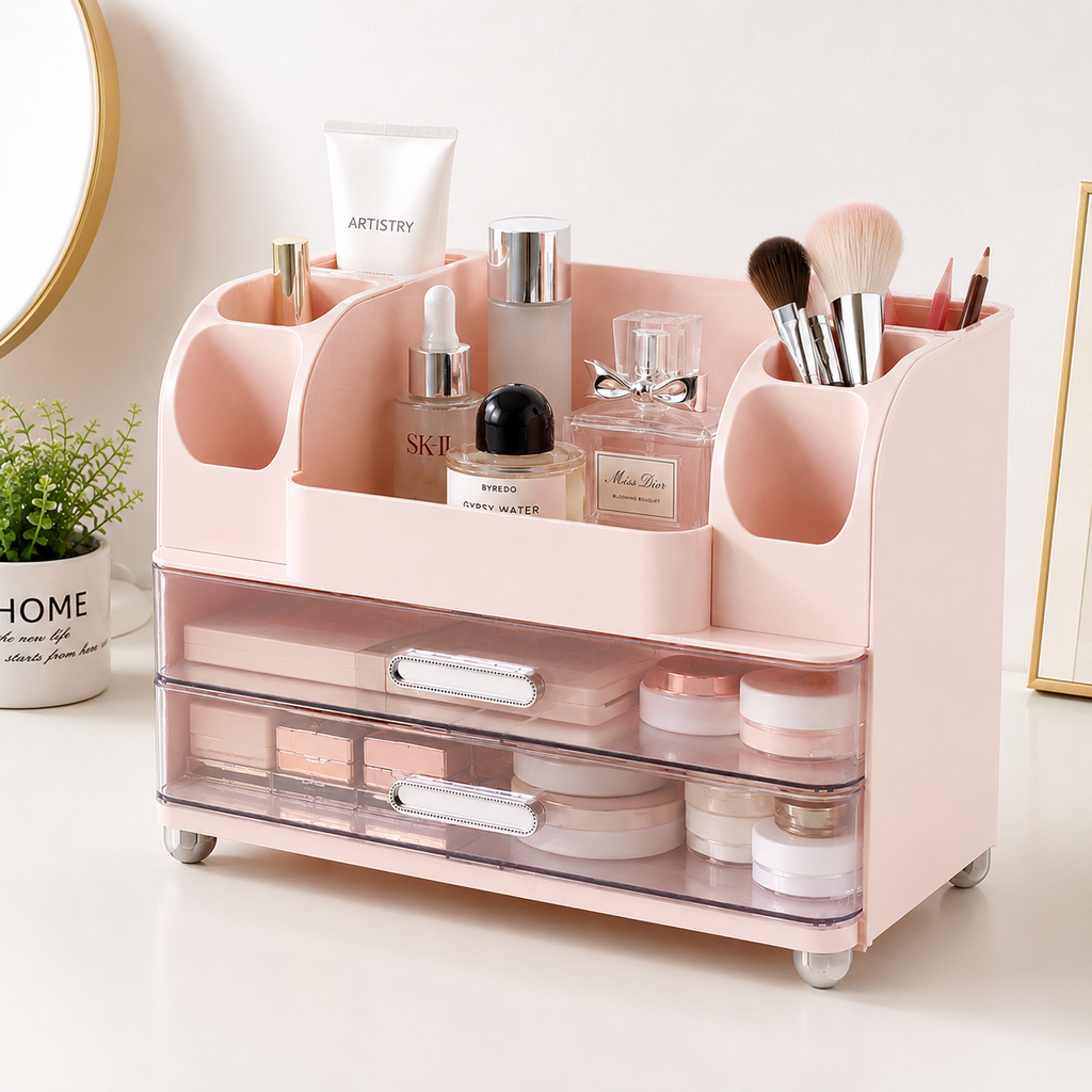 Makeup Organizer for Vanity with Brush Holder, Large Bathroom Countertop Cosmetic Organizer Skin Care Storage, Easy to Store Lipsticks, Nail Polishes, Perfumes, Eyeshadow Palettes, Pink