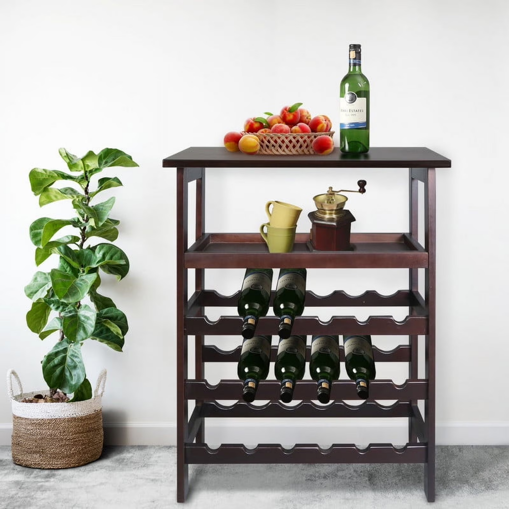 AEELLEEA Solid Wood Freestanding Wine Rack, 18 Bottle Storage Wine Holder with Tabletop & Accessory Tray for Kitchen Dining Room