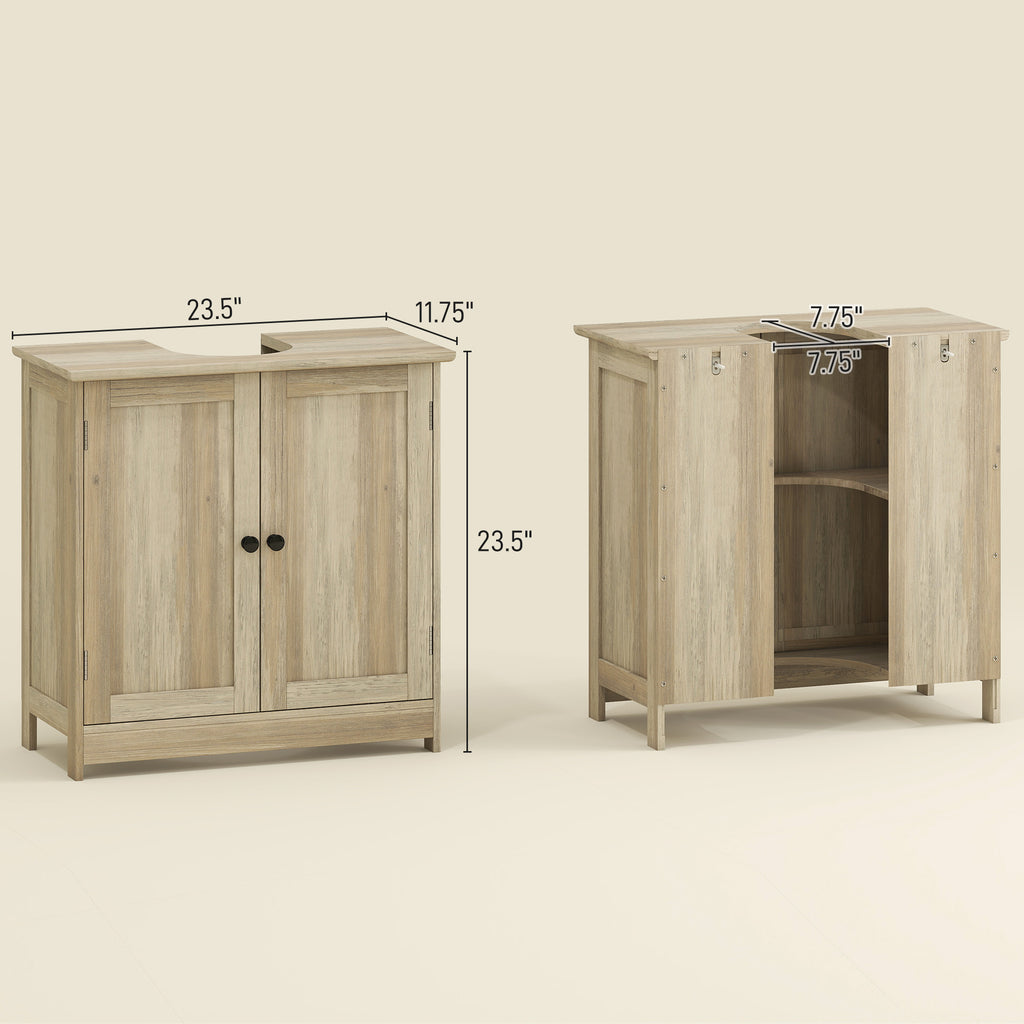AEELLEEA Weathered Gray Oak Under Sink Bathroom Cabinet, MDF Pedestal Storage Cabinet with Adjustable Shelf & Double Doors