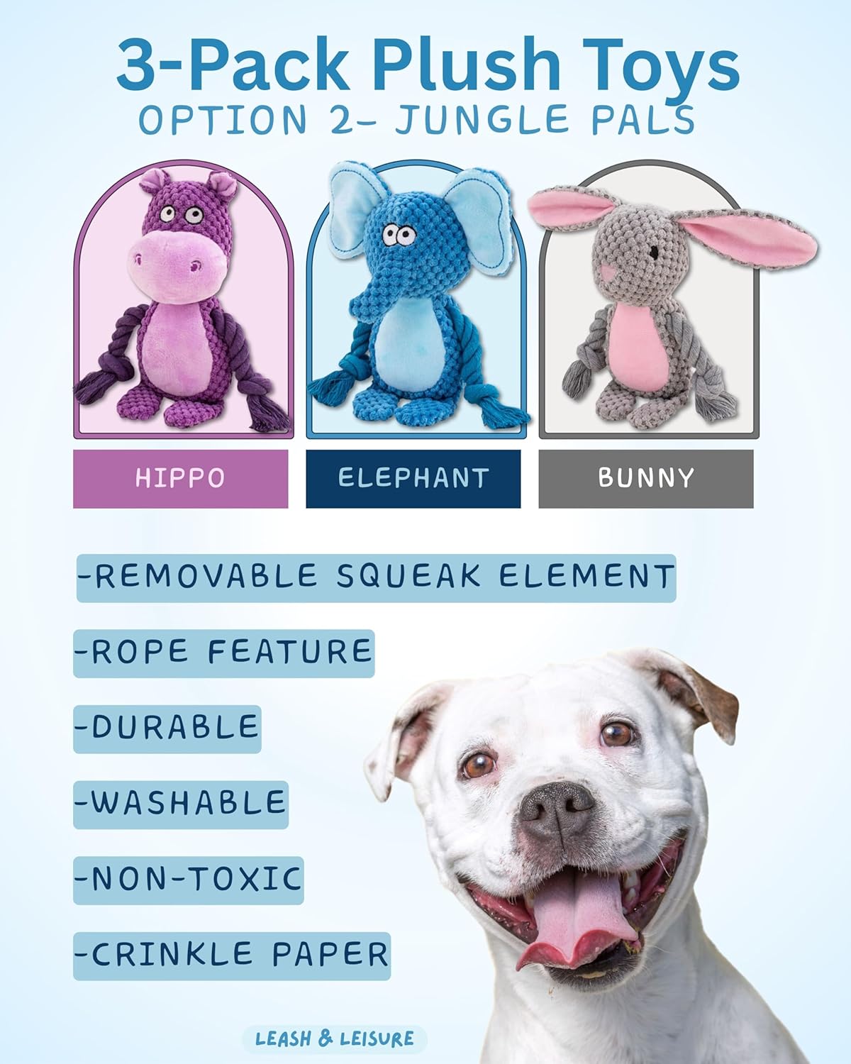 Plush Dog Toys, 3-Pack Variety Set with Squeaker, Crinkle Paper, Rope, Non-Toxic, Soft & Durable, Teething Puppy Toys- Farm Friends or Jungle Pals, 9.45 x 3.94 inches (Jungle Pals)