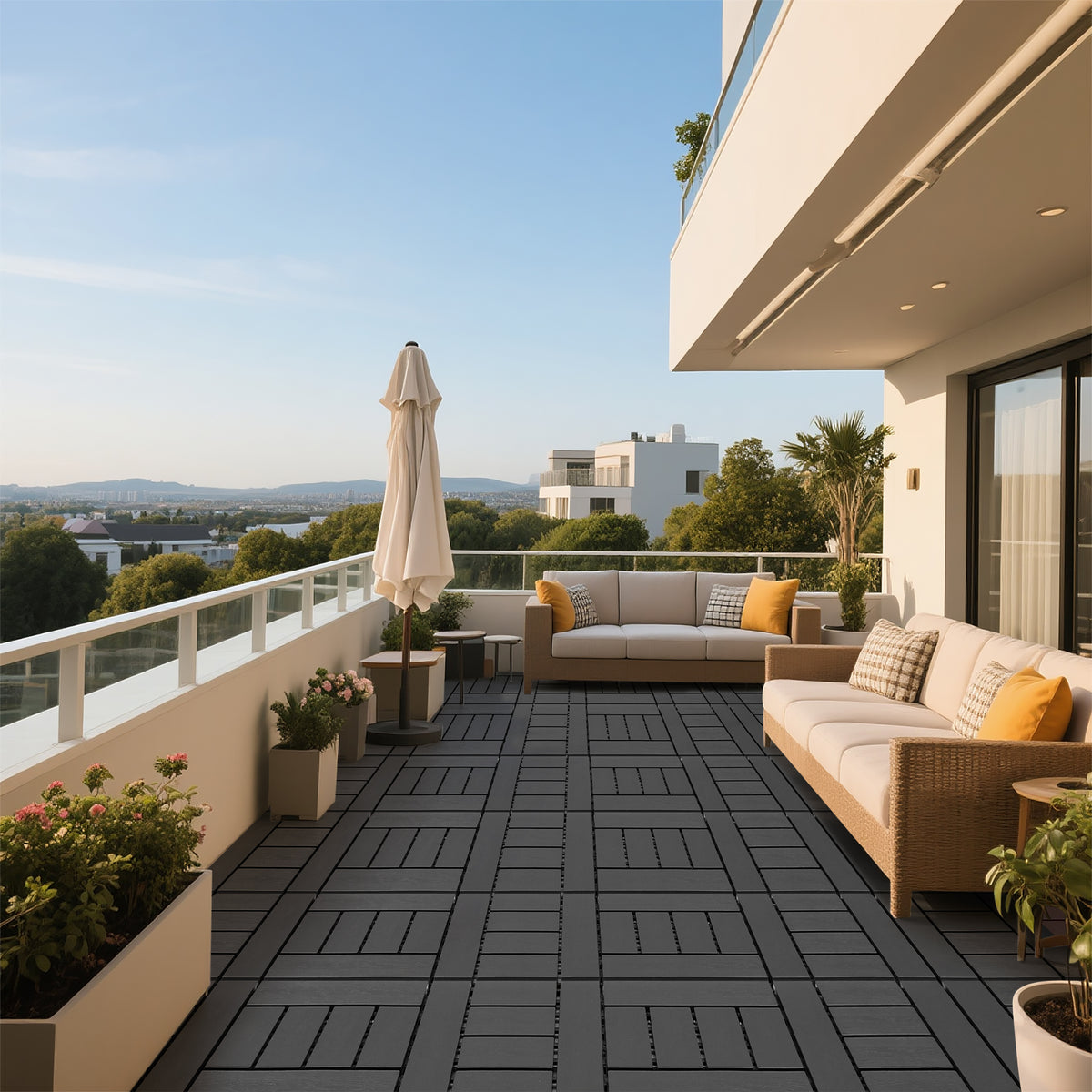 AEELLEEA 44 Pack Interlocking Plastic Deck Tiles, 12"×12" PP Patio Floor Tiles, Non-Slip Drainable Outdoor Flooring for Balcony, Poolside, Backyard