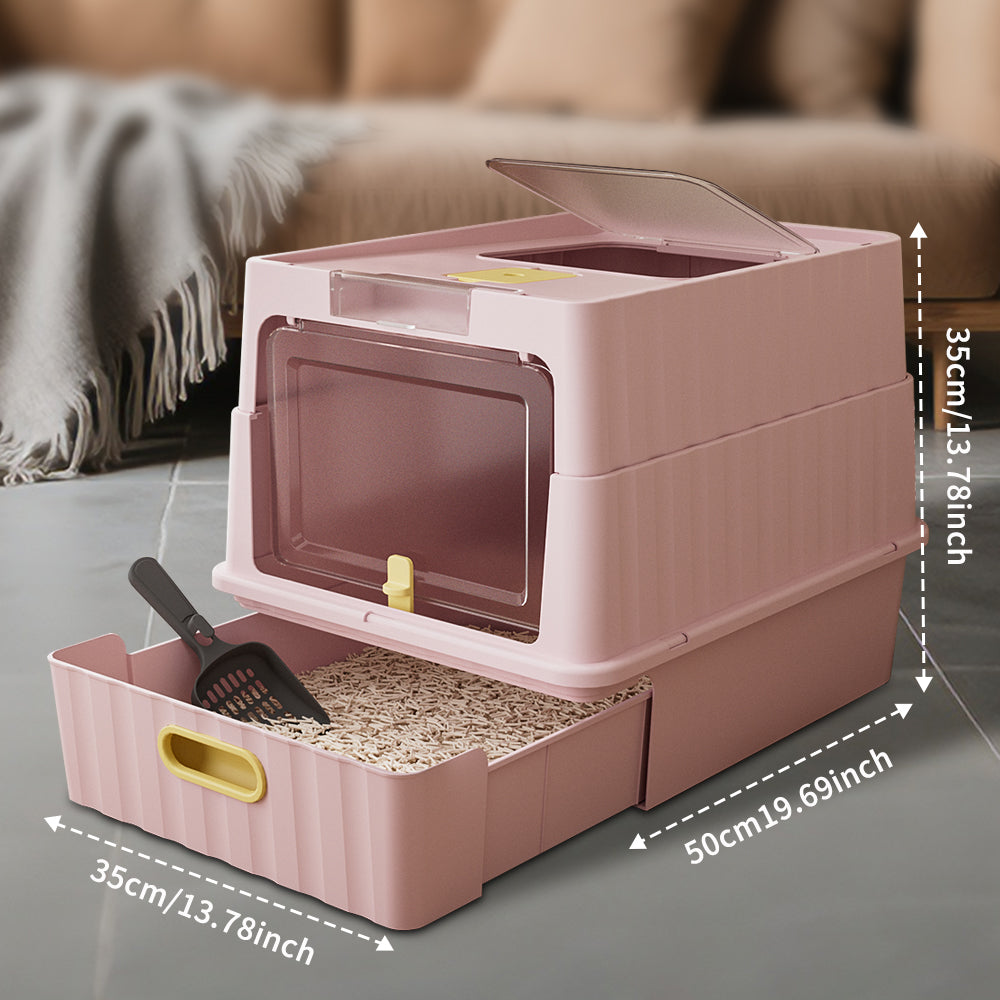Convertible Enclosed Cat Litter Box with Pull-Out Drawer, Front Door, Top Vent Panel & Litter Scoop, Pink, 19.69" x 13.78" x 13.78"