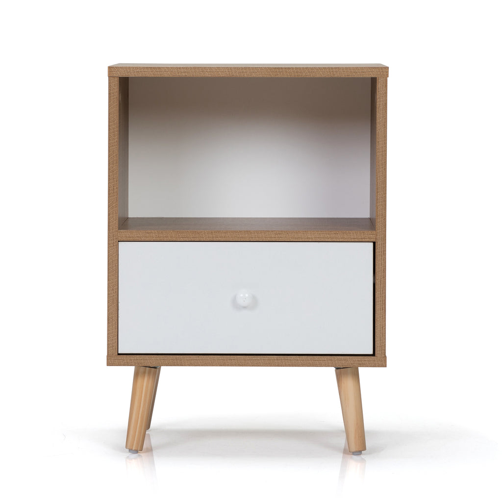 2 Pack Mid Century Nightstand, MDF Bedside Table with Drawer & Open Storage Shelf, Pine Wood Legs End Table for Bedroom Living Room, Natural Wood & White