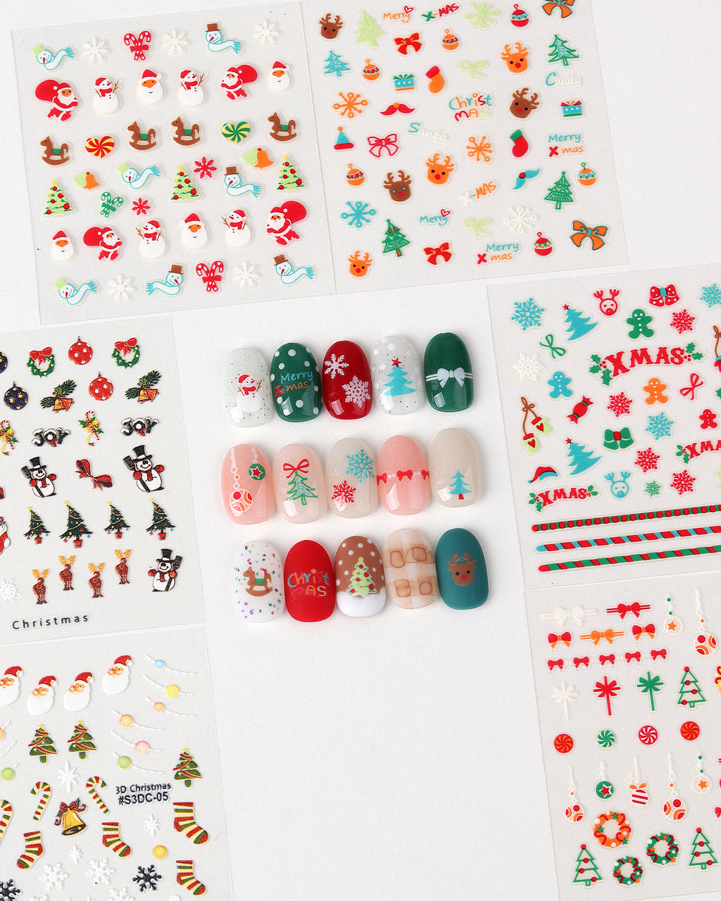 Christmas 3D Nail Art Stickers, Self-Adhesive Holiday Nail Decals with Santa, Snowman, Tree & Reindeer Patterns for Nail DIY Decorations