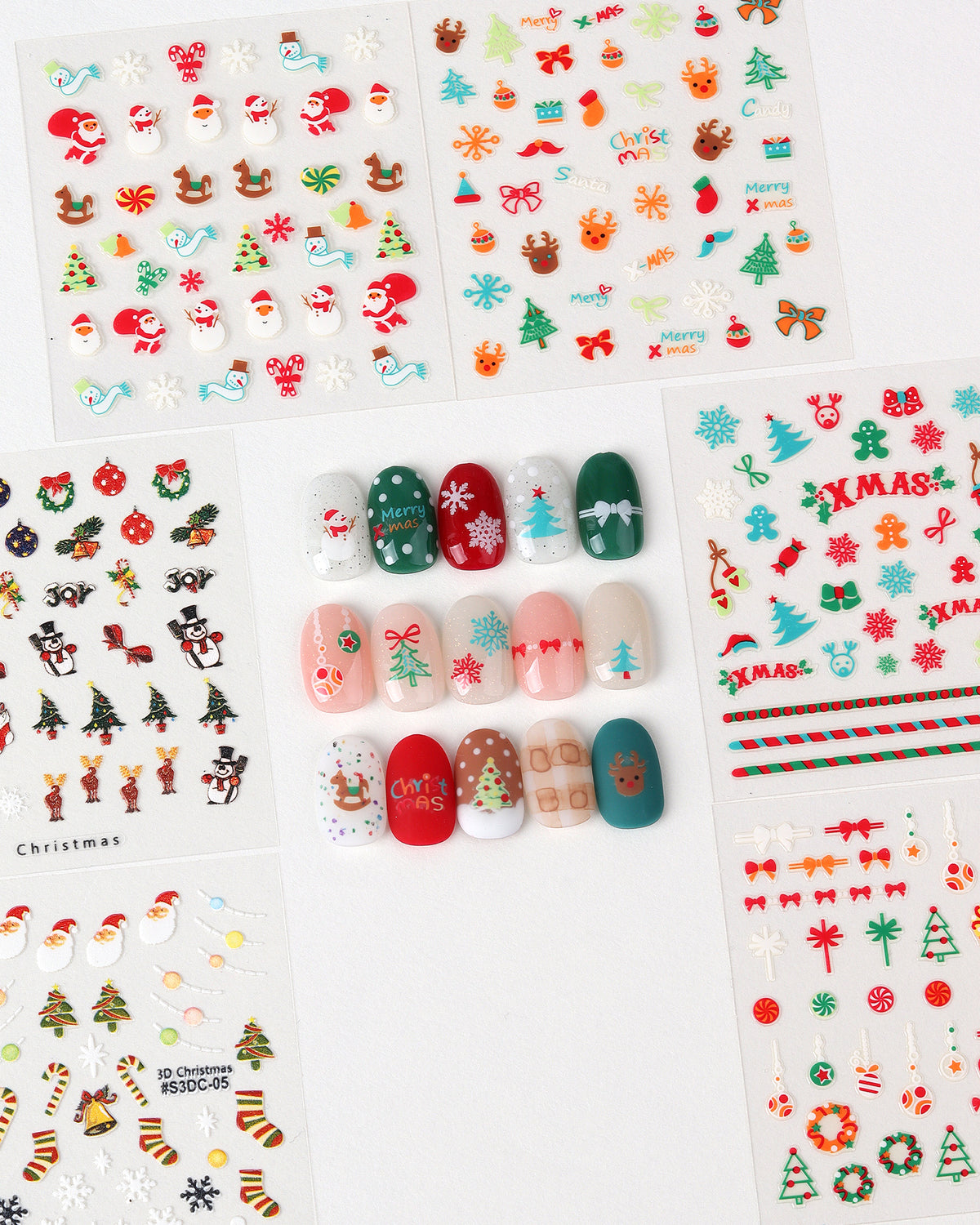 Christmas 3D Nail Art Stickers, Self-Adhesive Holiday Nail Decals with Santa, Snowman, Tree & Reindeer Patterns for Nail DIY Decorations