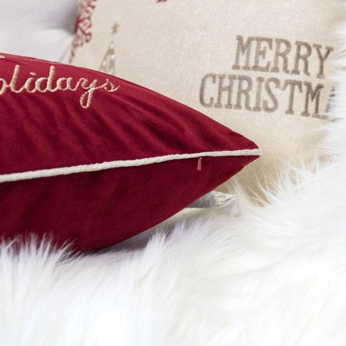 AEELLEEA Happy Holidays Embroidered Velvet Throw Pillow, 20x20in Square Cushion with Gold Tree & Star Embroidery, Soft Plush Insert Included for Holiday Home Decor