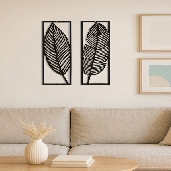 2 Pcs Black Metal Leaf Wall Art, Tropical Palm Leaf Wall Decor Hollow Out Metal Wall Sculpture for Living Room Bedroom Home Decoration