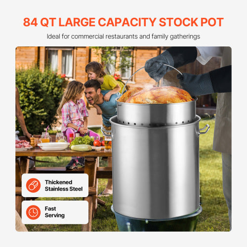 84 Quart Stainless Steel Stock Pot with Steamer Basket and Lid, Large Heavy Duty Soup Sauce Pot for Cooking Turkey Seafood