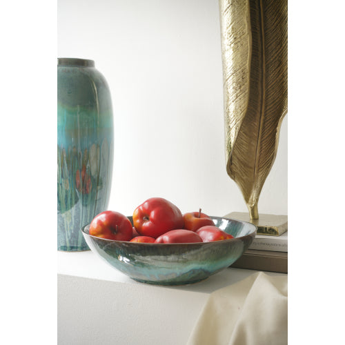 AEELLEEA 11.8-Inch Blue Green Glazed Decorative Bowl, Round Fruit and Centerpiece Bowl