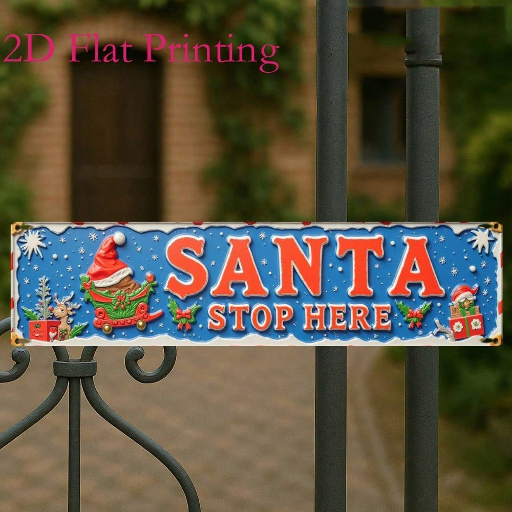 AEELLEEA-Santa Stop Here Christmas Metal Sign, 2D Flat Printed Holiday Tin Plaque, Waterproof Aluminum Wall Decor
