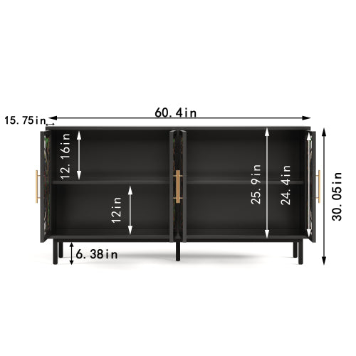 60" Stained Glass Sideboard Cabinet, Black Metal Storage with 4 Doors Gold Handles, Boho Buffet Cabinet for Living Room Dining Room