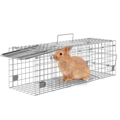 Live Animal Cage Trap, 24"x8"x8", Humane Galvanized Iron Folding Trap with Handle for Cats, Rabbits, Raccoons, Squirrels & More