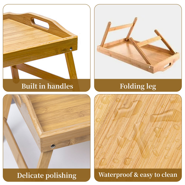 Bamboo Bed Tray Table with Foldable Legs, 19.29" Wooden Breakfast Serving Tray with High Edges and Handles, Laptop Sofa Desk for Adults
