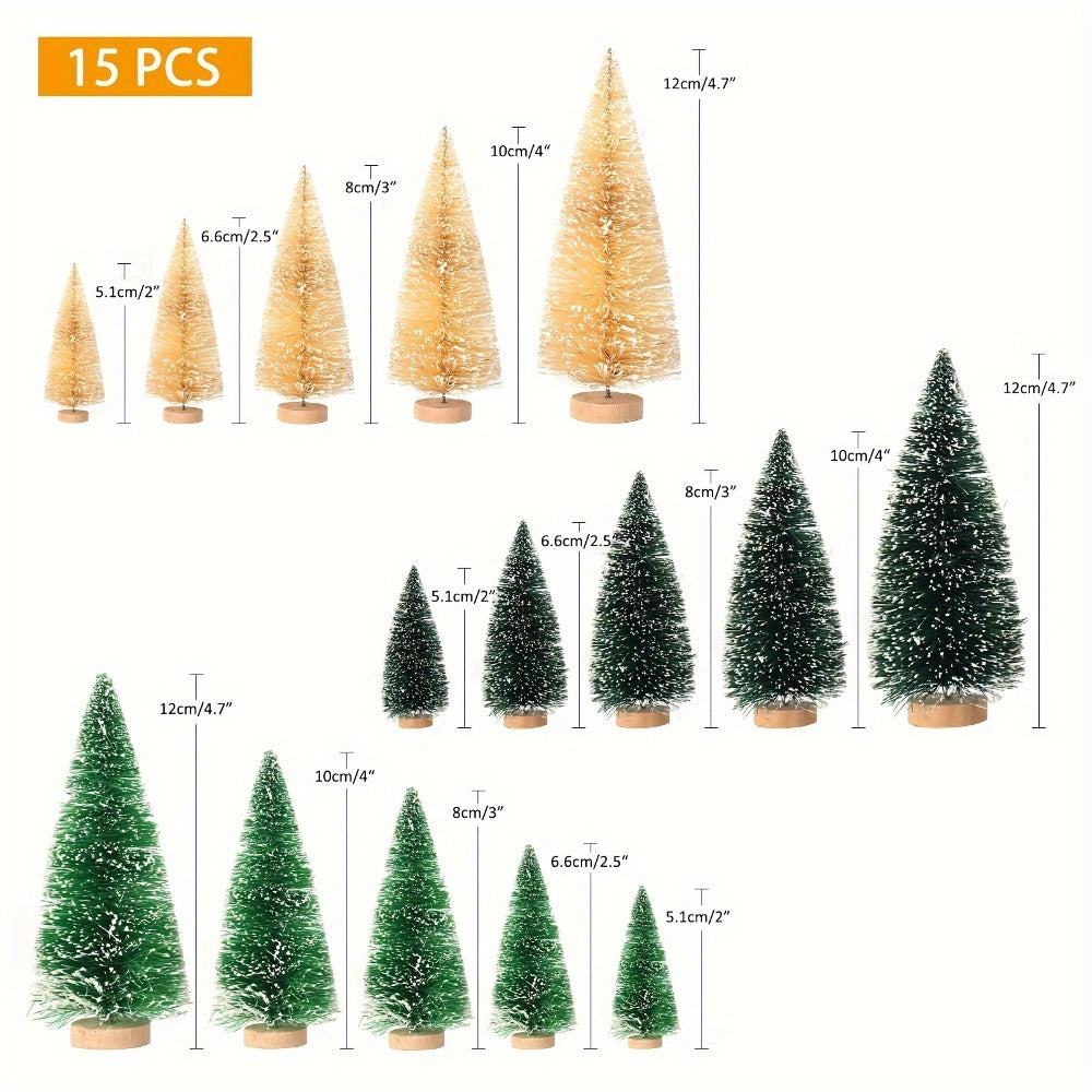15 Pcs Mini Christmas Trees Decorations, Assorted Flocked Pine Trees with Wooden Base, Snow-Sprinkled Tabletop Ornaments for Party, Table, Gift Box