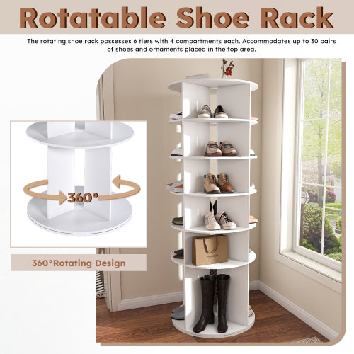 AEELLEEA 6-Tier 360° Rotating Shoe Rack Tower, Freestanding Spinning Shoe Organizer, Holds 30 Pairs, High Bottom for Long Boots, White