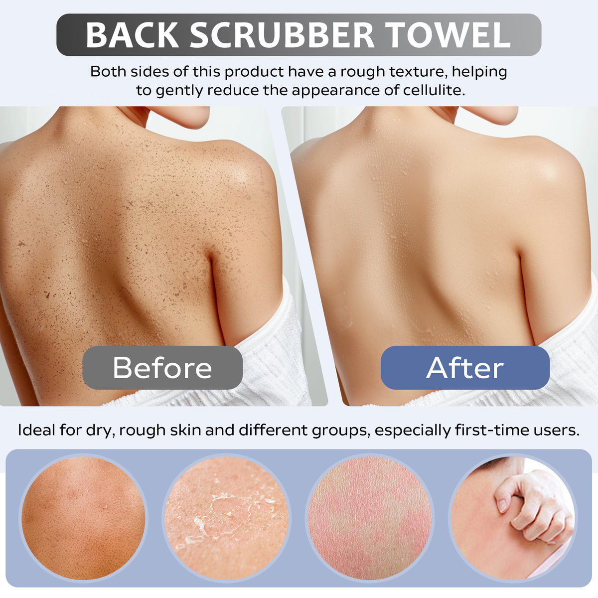 Dual Sided Back Scrubber Towel with Hanging Loops, Long Exfoliating Body Wash Strap for Shower Deep Skin Cleansing