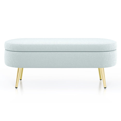 AEELLEEA 43 Inch Oval Storage Ottoman Bench, Light Blue Textured Fabric Bench with Gold Metal Legs for Bedroom Entryway