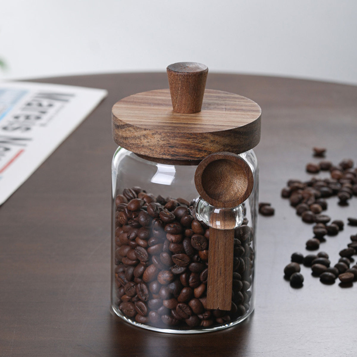 Glass Coffee Bean Storage Jar with Wooden Lid and Spoon, Clear Kitchen Canister, 15/18.5/25 oz