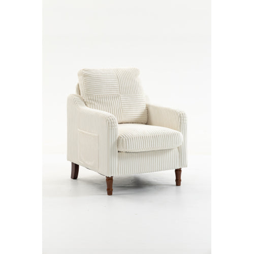 Accent Chair with Wood Legs, Cream White Stripe Fabric Armchair with Tufted Back, Living Room Lounge Chair