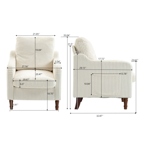 Accent Chair with Wood Legs, Cream White Stripe Fabric Armchair with Tufted Back, Living Room Lounge Chair