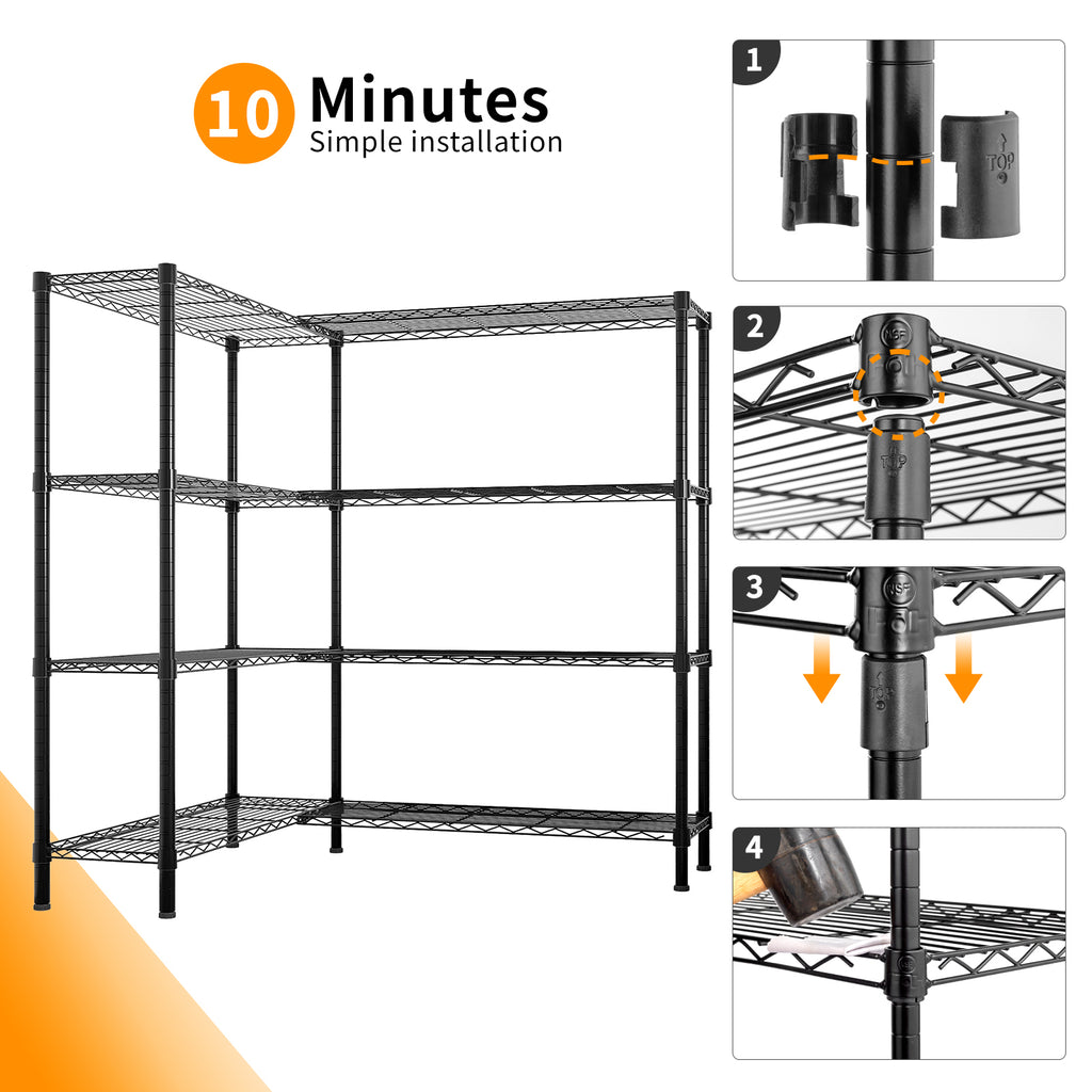 AEELLEEA 4-Tier Wire Storage Shelving Unit, 59.1"W x13.8"D x57.9"H, Heavy Duty Adjustable Metal Rack, Convertible L or H Shape
