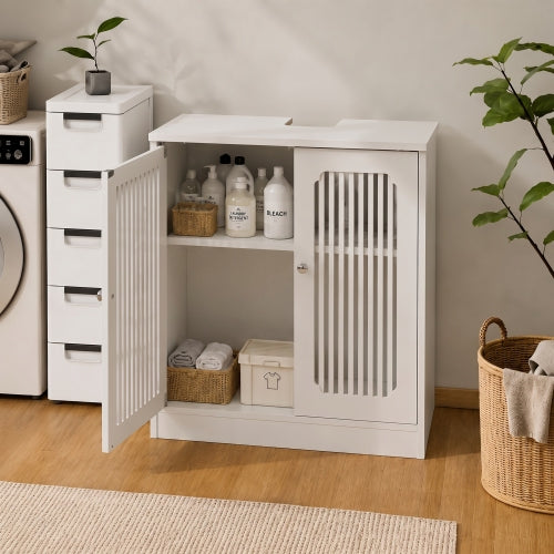 White Bathroom Vanity Cabinet without Sink, 24 Inch Freestanding Louvered Double Door Bathroom Storage Cabinet