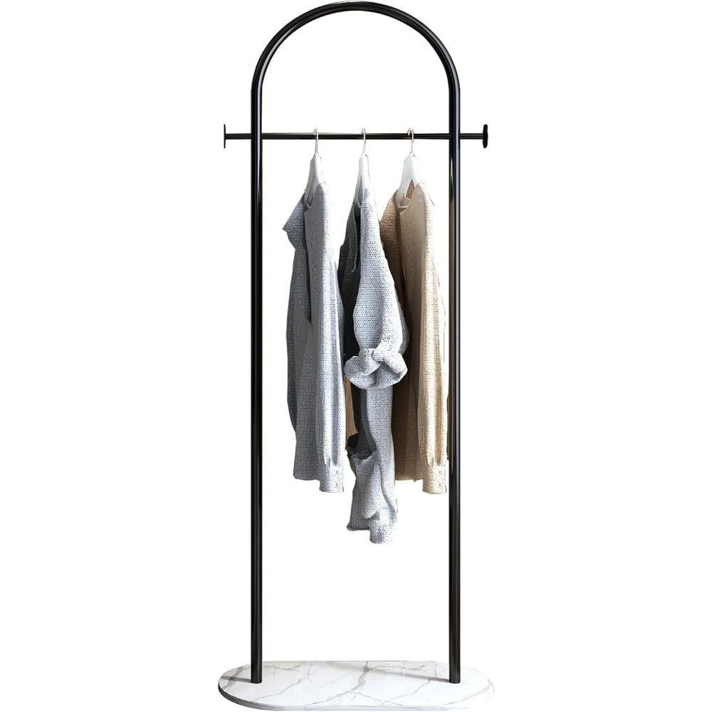 AEELLEEA-Freestanding Metal Coat Rack with Bottom Storage Shelf & Side Hooks, Modern Garment Organizer