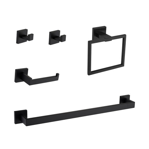 AEELLEEA 5-Piece Matte Black Bathroom Hardware Set, 23.82" Towel Bar Towel Ring Toilet Paper Holder 2 Robe Hooks Wall Mount Kit