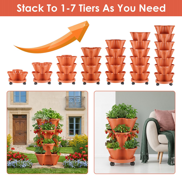 7‑Tier Vertical Stackable Planter with Rolling Casters, Reddish‑Brown Space‑Saving Planting Tower with Drainage Holes for Home Balcony Patio Herb Vegetable