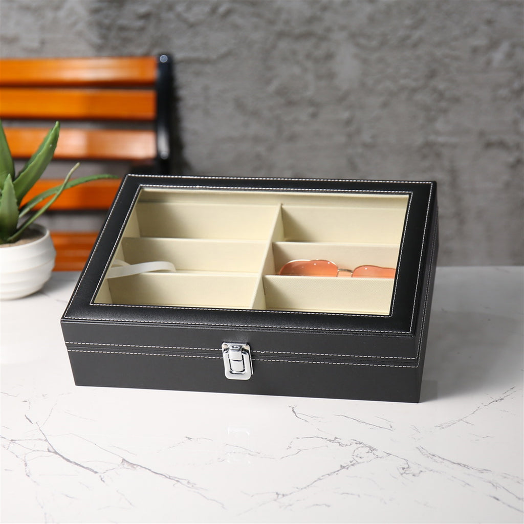 AEELLEEA-Leather Multi Sunglasses Organizer for Women & Men, Eyeglass Display Storage Box with 8 Slots, Black Eyewear Holder for Sunglasses Collection