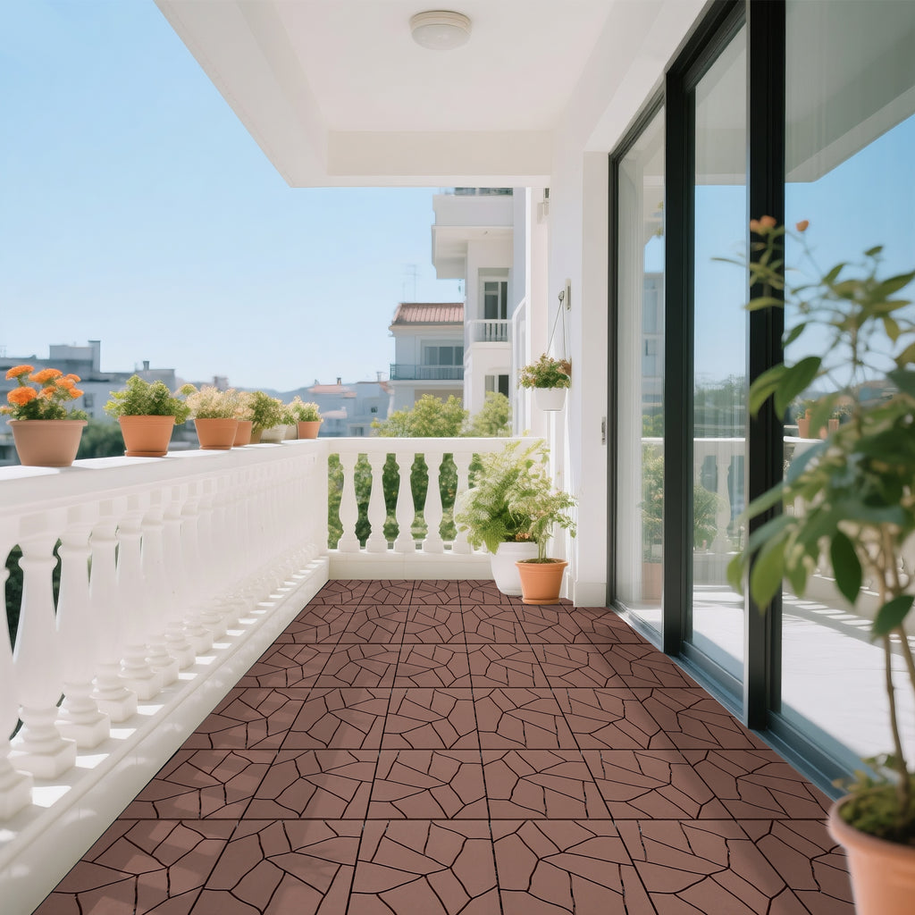 AEELLEEA Stone Look 12 Inch Interlocking Patio Deck Tiles, 44 Pcs Brown PP Outdoor Floor Tiles for Poolside Balcony Backyard