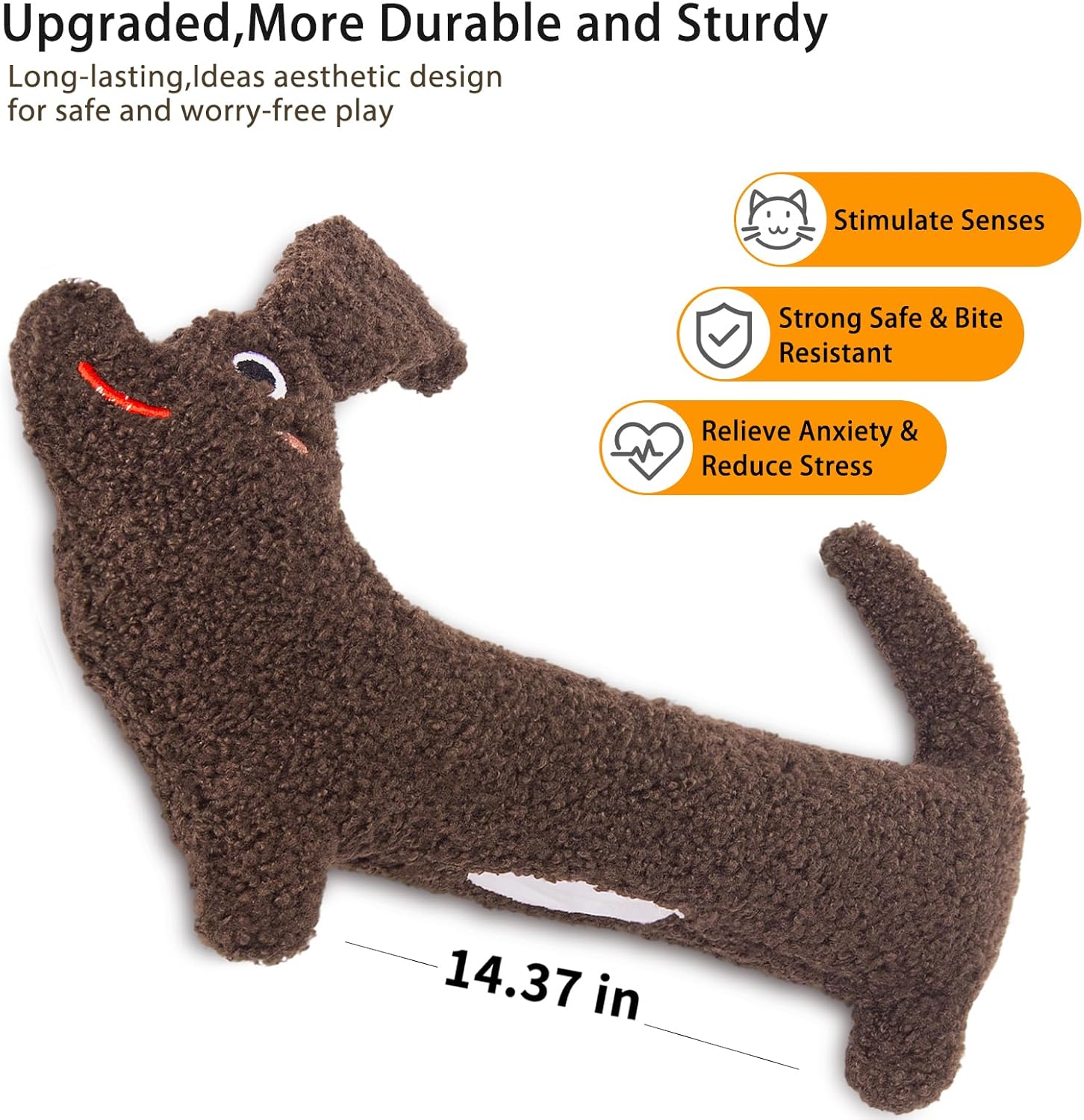 Cat Toy Kicker Pillow Large, Crinkle Sound Refillable Catnip Toy for Indoor Cats Kitten, Durable Plush Kitty Kicking Toy for Cat Chew Teeth Cleaning, Puppy Shape, Brown