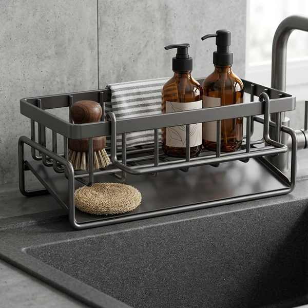 AEELLEEA Kitchen Sink Caddy 9.06 x 3.54 x 5.91 Inch, Rustproof Sponge Holder with Drip Tray & Towel Bar for Dish Brush Soap