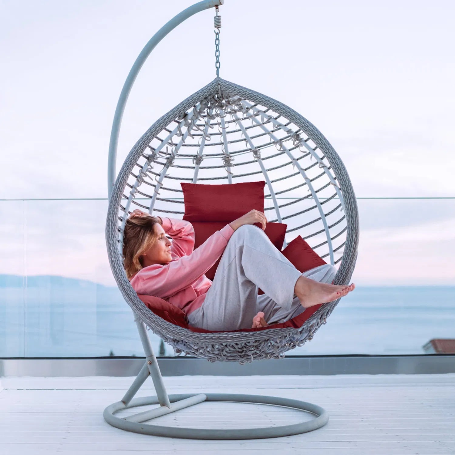 Egg Chair Cushion with Headrest, Thick Padded Hanging Swing Chair Pad with Removable Washable Cover, Wine Red