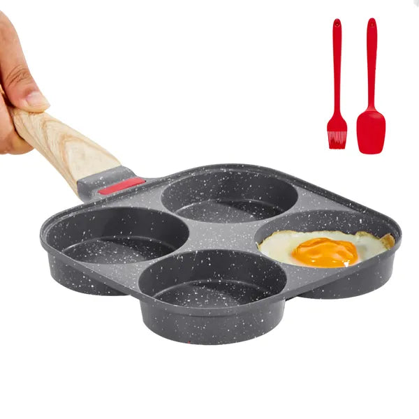 4‑Cup Egg Frying Pan, Maifan Stone Non‑Stick Divided Skillet with Lid, Silicone Brush & Spatula, Compatible for All Stovetops for Breakfast Cooking