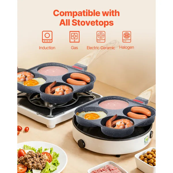 4‑Cup Egg Frying Pan, Maifan Stone Non‑Stick Divided Skillet with Lid, Silicone Brush & Spatula, Compatible for All Stovetops for Breakfast Cooking