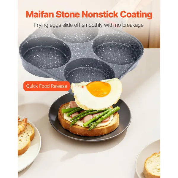 4‑Cup Egg Frying Pan, Maifan Stone Non‑Stick Divided Skillet with Lid, Silicone Brush & Spatula, Compatible for All Stovetops for Breakfast Cooking