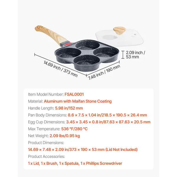 4‑Cup Egg Frying Pan, Maifan Stone Non‑Stick Divided Skillet with Lid, Silicone Brush & Spatula, Compatible for All Stovetops for Breakfast Cooking