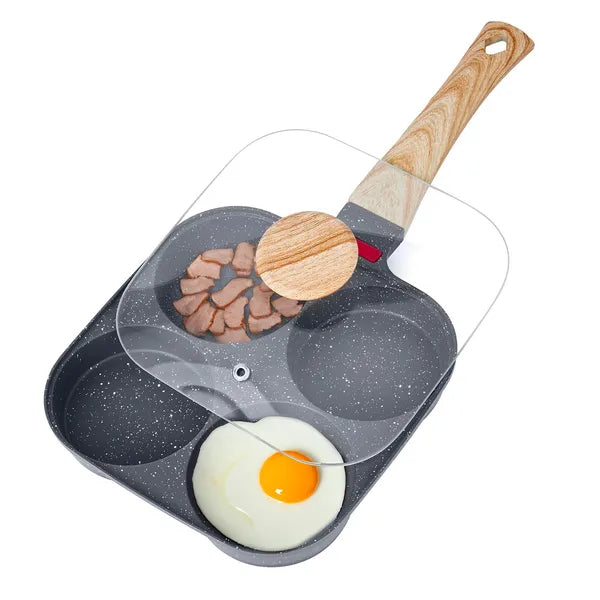 4‑Cup Egg Frying Pan, Maifan Stone Non‑Stick Divided Skillet with Lid, Silicone Brush & Spatula, Compatible for All Stovetops for Breakfast Cooking