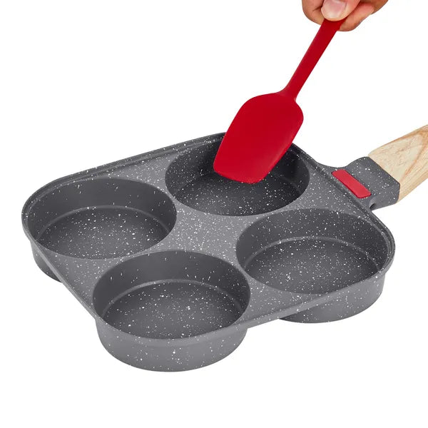 4‑Cup Egg Frying Pan, Maifan Stone Non‑Stick Divided Skillet with Lid, Silicone Brush & Spatula, Compatible for All Stovetops for Breakfast Cooking