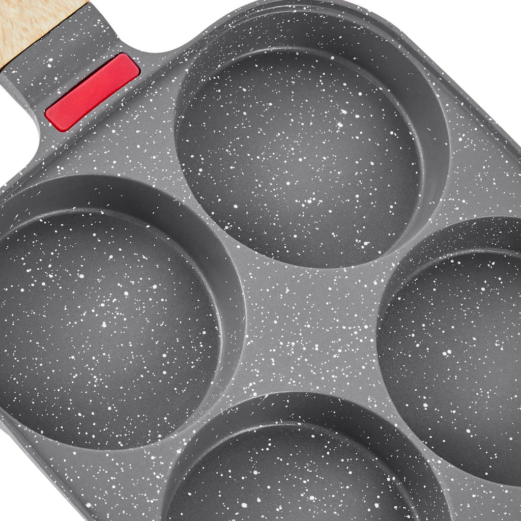 4-Cup Nonstick Egg Pan, Aluminum Breakfast Omelette Skillet with Lid & Tools, for Pancakes, Hamburgers & Sandwiches, Gas & Induction Ready