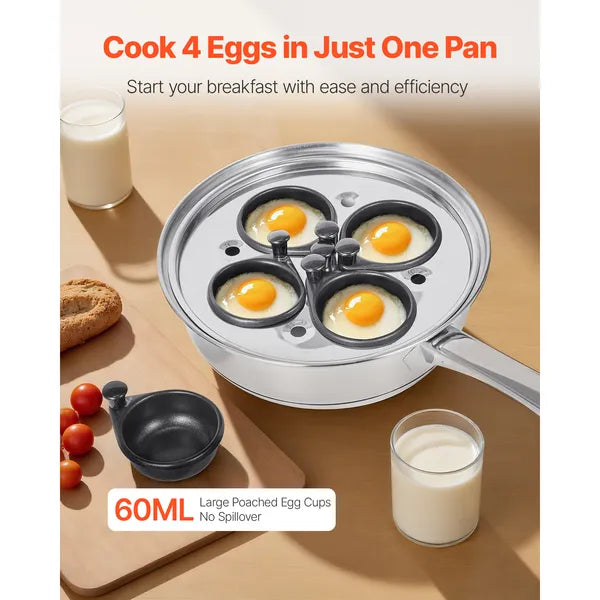 4-Cup Stainless Steel Egg Poacher Pan with Glass Lid, Nonstick Egg Cups for Stovetop Breakfast Egg Making