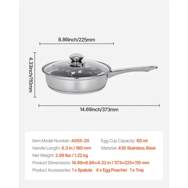 4-Cup Stainless Steel Egg Poacher Pan with Glass Lid, Nonstick Egg Cups for Stovetop Breakfast Egg Making