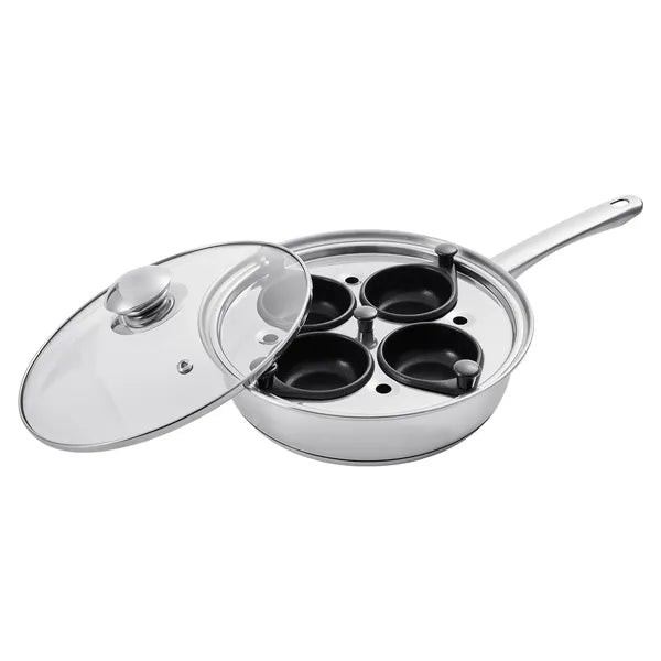 4-Cup Stainless Steel Egg Poacher Pan with Glass Lid, Nonstick Egg Cups for Stovetop Breakfast Egg Making