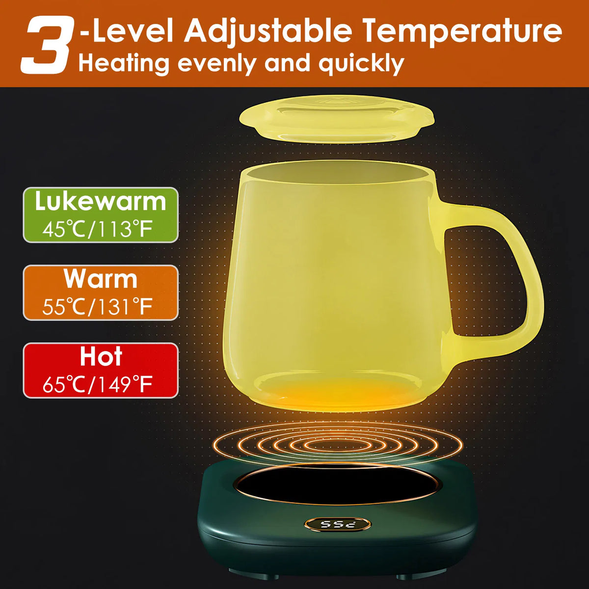 Electric Coffee Mug Warmer with 3 Temperature Settings & Auto Shut Off, USB Cup Heater for Desk