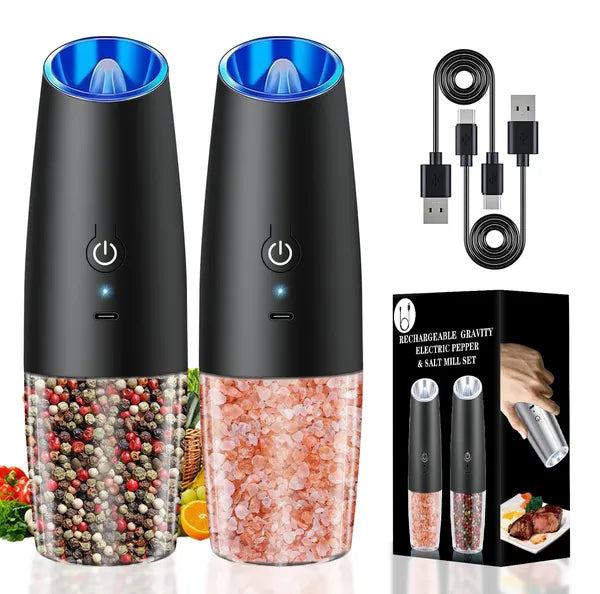 Aeelleea Rechargeable Electric Salt and Pepper Grinder Set, 8.5" One Hand Spice Mill with Adjustable Coarseness & LED Light for Kitchen