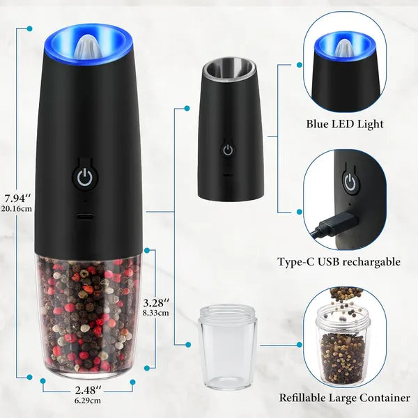 Aeelleea Rechargeable Electric Salt and Pepper Grinder Set, 8.5" One Hand Spice Mill with Adjustable Coarseness & LED Light for Kitchen
