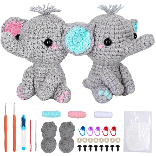 AEELLEEA Beginner Crochet Kit, DIY Elephant Amigurumi Crochet Set with Step-by-Step Video Tutorials, Complete Yarn & Tools for Adults & Kids, Craft Gift