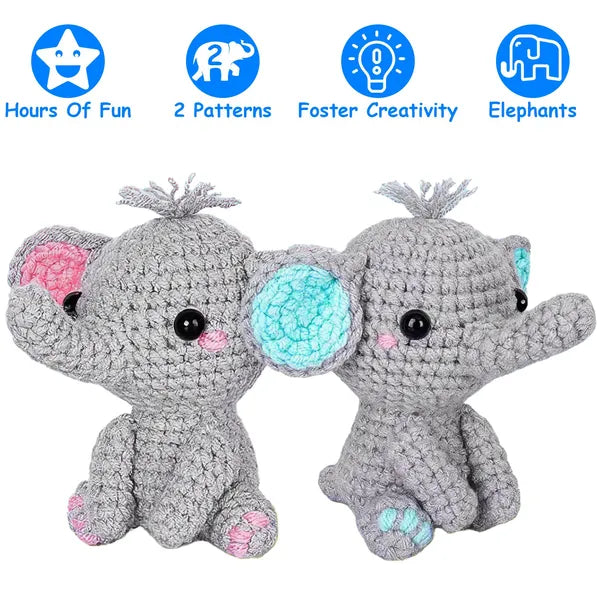 AEELLEEA Beginner Crochet Kit, DIY Elephant Amigurumi Crochet Set with Step-by-Step Video Tutorials, Complete Yarn & Tools for Adults & Kids, Craft Gift