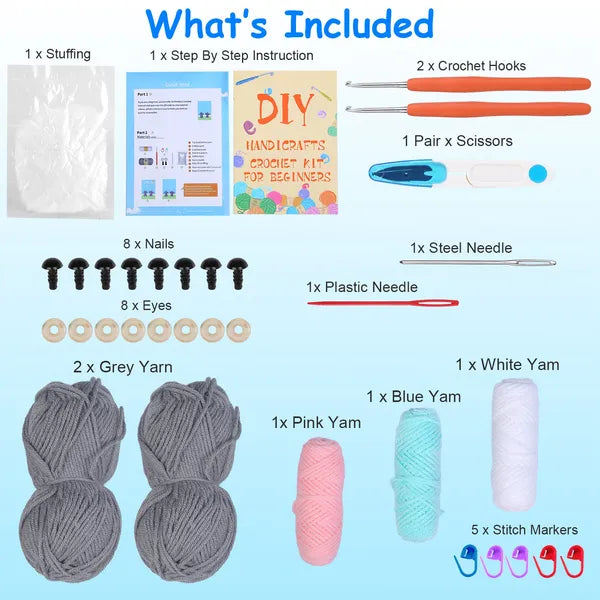 AEELLEEA Beginner Crochet Kit, DIY Elephant Amigurumi Crochet Set with Step-by-Step Video Tutorials, Complete Yarn & Tools for Adults & Kids, Craft Gift
